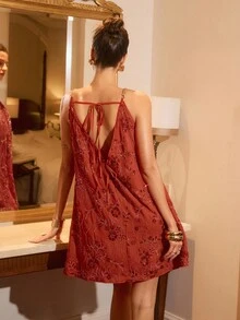 Poéselle Women's Elegant Sequin Chain-Strap Halter Mini Dress,Sparkly Brown And Gold Summer Party Cocktail Dress,Glitter Patchwork Rust Wedding Guest Outfit - Burgundy - View 2