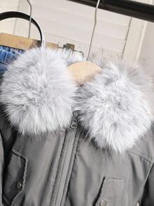 年轻女孩冬季休闲时尚街头拼接蓬松拉链前连帽保暖内衬夹克 - 灰色 - 查看 7