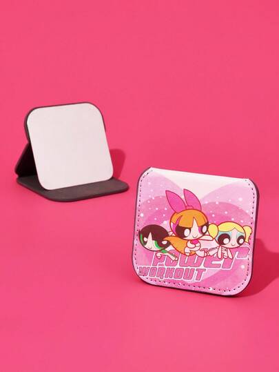 FanGlow THE POWERPUFF GIRLS X SHEIN Pink Square Stainless Steel Makeup Mirror – Cute Portable Compact For Desktop, Handheld, Bag, Or Travel Use