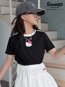 HELLO KITTY | DAZY Tween Girl Collab 针织圆领短袖印花 T 恤，夏季女童超大码 T 恤 - 黑色 - 查看 7