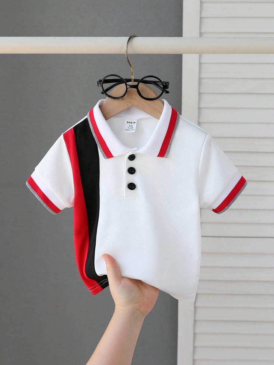 SHEIN Playful Pals 男婴针织Polo衫。适合外出、上学或参加派对时穿着。男女皆宜的夏季上衣。 - 紅色 - 查看 1