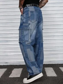 Manfinity Roughcore Men's Personalized Street Retro Loose Blue Mosaic Plaid Raw Edge Patch Large Pocket Jeans, Suitable For Parties And Work, Emo Style - Blue - View 5