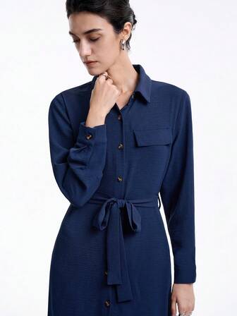 Aalyst Solid Button Front Belted Shirt Dress Maxi Women Outfit