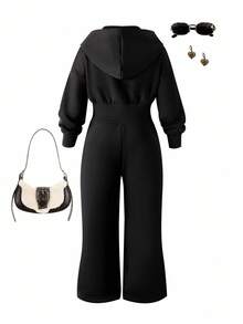 Sparklyn Bộ đồ liền thân thể thao hàng ngày màu đen dài tay có mũ trùm đầu, khóa kéo, thoải mái, bó eo, phong cách tối giản cho mùa thu - màu đen - Xem 2