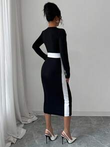 Elenzga Women's Vintage Elegant Date Night/Work Dress, Contrast Color Bowknot Waist Little Black Dress, Autumn/Winter, Christmas - Black and White - View 2