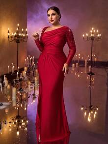 Glamrae Elegantes, romantisches Abendkleid in Große Größen mit asymmetrischem Ausschnitt, luxuriöser bestickter Applikation, langen transparenten Ärmeln, eingearbeiteten Pailletten, geraffter Taille, hohem Schlitz und verziertem Meerjungfrauensaum