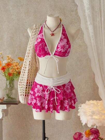 Bellisia Conjunto de 3 piezas de bikini de estilo casual de vacaciones con falda de patrón de flores, top halter para mujer, para playa y festivales de música de verano