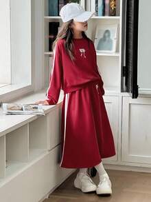 DAZY 女童蝴蝶印花运动衫 + 裙子舒适两件套秋冬 - 紅色 - 查看 7