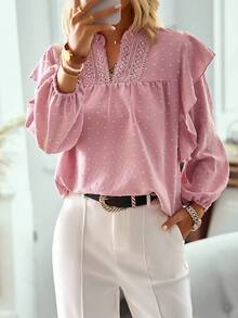 EMERY ROSE Women's Contrast Lace V-Neck Lantern Sleeve Blouse Fall Cloth For Women - Pink - View 7