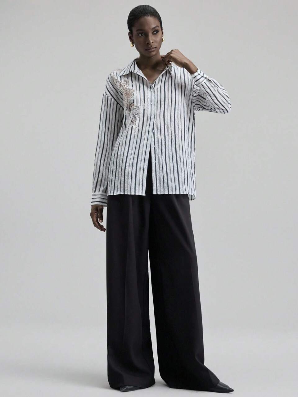 Women's Elegant Black And White Checkered,Autumn Office Blouse,Striped Patchwork Asymmetrical Lace Floral Pattern,Shirt Collar Long Sleeve Loose Fit