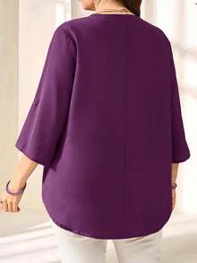 Plus Size Women's Purple Red 3/4 Sleeve Blouse, Early Spring/Fall/Winter - Purple - View 2