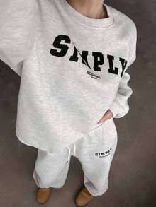 DAZY 2pcs/Set Women Solid Color Fleece Crew Neck Sweatshirt And Letter Print Sweatshirt,Fall Clothes Tracksuits Women Set Lounge Sets For Women