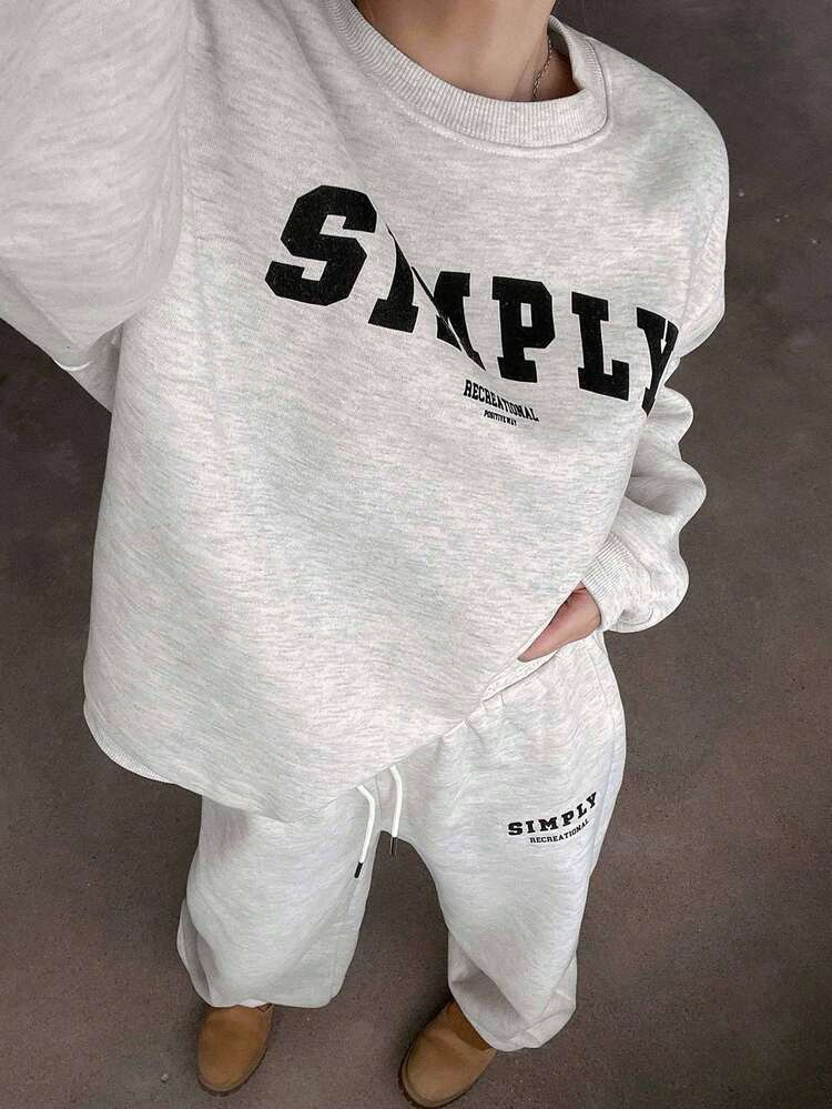 2pcs/Set Women Solid Color Fleece Crew Neck Sweatshirt And Letter Print Sweatshirt,Fall Clothes Tracksuits Women Set Lounge Sets For Women