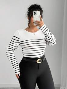 Elenzga Plus Size Striped Backless Bow Cutout T-Shirt, Spring/Summer Bow Clothes Women Long Sleeve Tops Stripe Top Bow Tops Bow Top Women