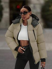 EURMUSE 连帽拉链细节撞色罗纹袖口绗缝女式休闲羽绒服 - 米色 - 查看 4