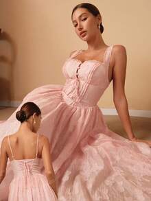 SHEIN Unity Đầm không tay thắt eo cài nút phía trước bằng vải Jacquard cho nữ, thanh lịch - Hồng - Xem 1