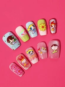 FanGlow THE POWERPUFF GIRLS X SHEIN 1 件可爱卡通美甲浮雕贴纸 - 女士自粘美甲贴花，5D 浮雕效果，可爱、有趣、精致的主题，易于粘贴的指甲装饰、DIY、节日礼物、派对风格 - 彩色 - 查看 2