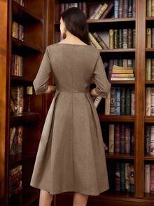 Vintamour Vintage klassisch elegantes Damenkleid, figurbetontes Boot-Ausschnitt 3/4 Arm Kleid mit Taillengürtel und Knöpfen, marineblau Kleid Herbstkleidung formelle Kleider für Frauen braunes Kleid Business Lässig Frau Frauenkleider Herbst Winter Silvester Kleid Silvester Frauenkleidung braunes Kleid - Braun - Übersicht 2
