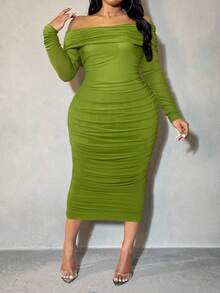 SHEIN SXY Plus Size Women Green Off-Shoulder Ruffle Mesh Bodycon Dress, Autumn - Green - View 5