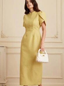 Aveloria Rosie Váy vải tuýt ôm eo cổ đứng tay tulip kiểu Pháp thanh lịch dành cho nữ - Màu vàng - Xem 5