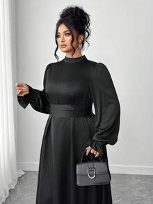 Elenzga Váy buộc eo màu trơn thanh lịch cỡ lớn - màu đen - Xem 7