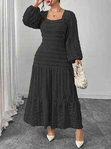 Modelyn Plus Size Women Knitted Long Sleeve Split Square Neck Frill Trim Dress - Black - View 6