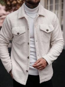 Manfinity Homme 男士休闲纯色绒毛外套，适合秋冬季节，男士法兰绒，冬季男士夹克，外出保暖长袖外套，送给朋友、丈夫、男友的礼物，奶油色男士针织纽扣毛衣外套，男士衬衫式毛衣 - 杏色 - 查看 4