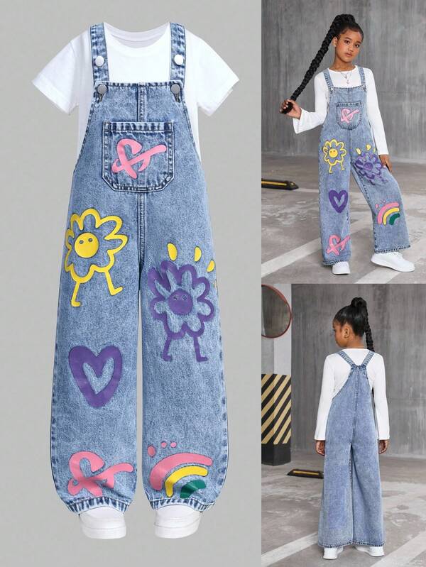 SHEIN Sparklyn Girls' Fashionable Floral, Heart, Rainbow & Graffiti Print Casual Soft Washed Denim Adjustable Strap Loose Fit Jumpsuit, Suitable For Layering With Short/Long Sleeve Tops, Perfect For Daily Wear And Travel, All Seasons Fall Winter