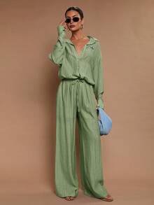 COSMINA Camisa casual de manga larga con botones delanteros de unicolor y corte holgado para mujer