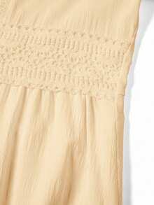 Ellevyn Women's Woven Jacquard Texture Spring Style Deep V-Neck Solid Color Ruffle Hem Lace Trim Summer Dress - Khaki - View 6