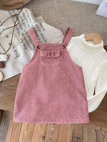 LMoss Kids 2pcs/Set Young Girl Solid Color Knit Stand Collar T-Shirt And Woven Suspender Dress - Multicolor - View 8