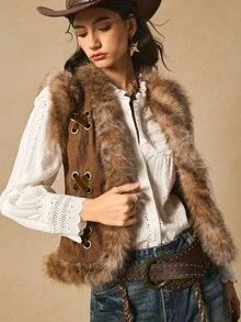 Easelle Veste sans manches vintage avec col en fourrure, laçage à œillets, style nomade. Gilet en fourrure pour femmes, vêtements western, Top en fourrure, hauts western pour l'automne/l'hiver - Tabac - Voir 7
