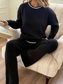 SHEIN 2 件套青少年女孩拼色针织毛衣百搭休闲百搭适合秋冬黑白 - 黑與白 - 查看 5