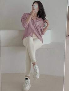 DAZY 女式宽松纯色纽扣衬衫，时尚夏季、秋季长袖上衣 - 紫色 - 查看 4