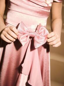 女孩优雅奢华粉色圆领蝴蝶结前中长款派对礼服，适合晚会、婚礼、花童、节日、生日、返校、毕业典礼、圣诞节、万圣节等场合 - 粉色 - 查看 8