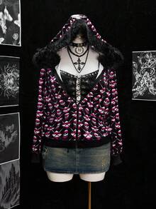 Sunspun Conjunto de gorro de punto suave con estampado vintage oscuro y chaqueta de manga larga para Halloween - Negro - Ver 7