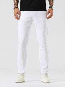 Manfinity Homme Celana Jeans Skinny Pria Kasual Warna Polos dengan Kantong Miring - Putih - View 7