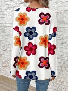 EMERY ROSE Floral Print Plus Size V-Neck Long Sleeve T-Shirt For Women, Suitable For Music Festivals And Back To School, Autumn/Winter