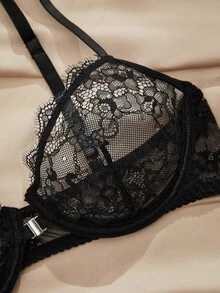 Charlaine 1pc Black Front-Closure Underwired 3/4 Cup Lace Trim Bra, Everyday Wear, Office, Casual, Alluring, Backless - Black - View 9