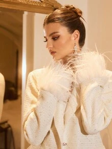 Poéselle Sequin Tweed Blazer With Dramatic Feather Cuffs – Luxe Party-Ready Suit Jacket, Feather Cuff Blazer, Sequin Tweed Jacket, White Statement Blazer, Holiday Party, Glam Power Suit, Old Money Aesthetic, Pearl Embellished Jacket, Festive Women's Blazer, Christmas , Women's Sequin Patchwork Faux Fur Trim Single-Breasted Blazer, Winter - Apricot - View 3