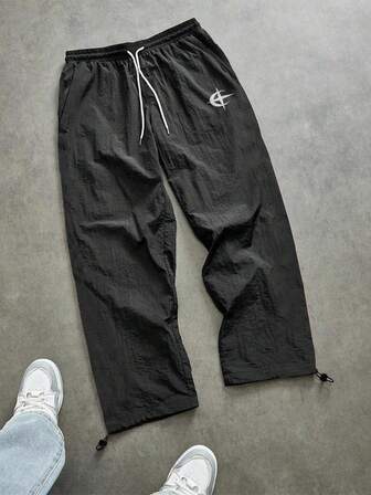 Sport MetroGents Men's Geometrical Print Drawstring Waist Loose Straight Leg Sports Pants Baggy Gym Clothes Men Pants Windbreaker Pants Fishing Pants