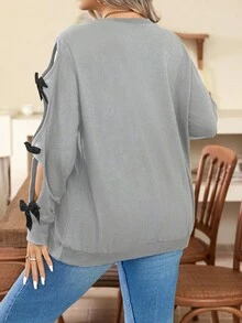 SHEIN Clasi Plus Size Crew Neck Fashion Bow Decor Hollow Out Long Sleeve Casual Sweatshirt, Pullover Fall Winter Autumn - Grey - View 2