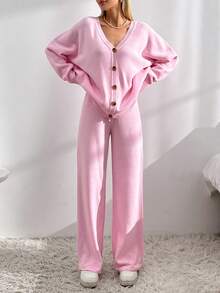 EURMUSE Drop Shoulder Cardigan & Tie Front Knit Pants - Pink - View 3