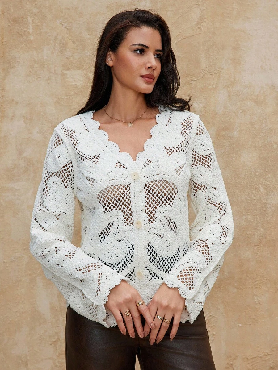 SHEIN Privé VITNOS Luxury Fall Winter Women's White Crochet Cardigan Elegant Crochet Tops For Women, Casual For Fall Winter, Chic Autumn, Party Looks, Fall Winter For Women, New Year's, Earthy Women, Elegant, French Elegance, Cozy Sweaters, Fall Winter New Style Women, Weekend, Autumn Work Style, Delicate Romance, Elegant, Luxury , Fashionable This Autumn, Suitable For Dates, Going Out, Night Out, Parties, Weddings, Holiday, Vacation, Birthday