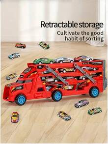 Foldable Stunt Launcher Car Toy - Inertia Powered Construction Truck With 8 Random Mini Vehicles, Gift For Boys Girls Age 3-6 Years Old