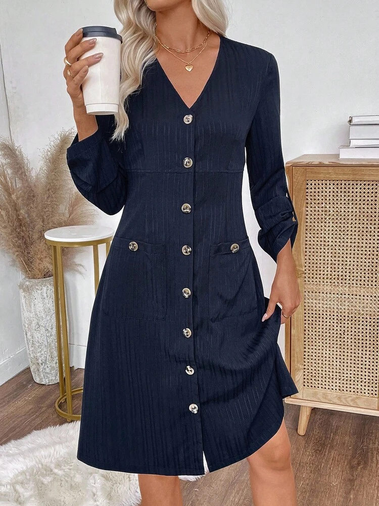 Women's Casual Commuter Solid Color Front Button Mid-Length Dress