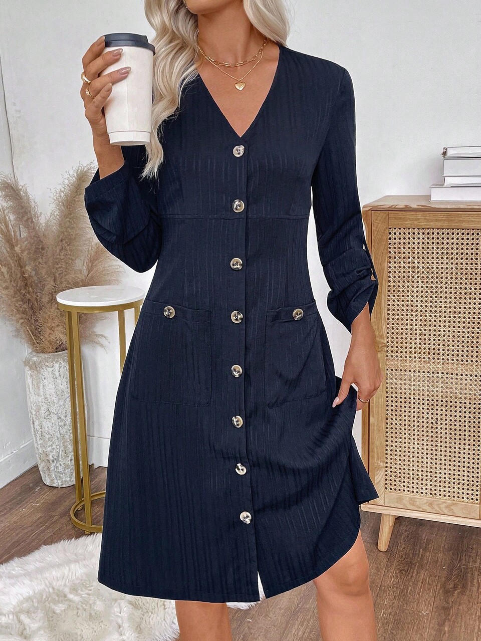Women's Casual Commuter Solid Color Front Button Mid-Length Dress