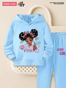 SHEIN 2pcs Young Girl Cute Graphics Print Hoodie Sweatshirt And Sweatpants Set - Baby Blue - View 1