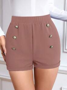 SHEIN PETITE CURVE Quần short cạp cao có nút cho nữ cỡ lớn - Màu Hồng baby - Xem 3