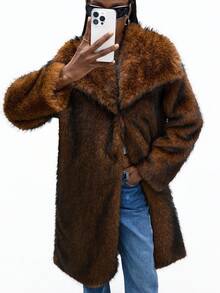 GENKIRA Luxury Oversized Lapel Brown Faux Fur Coat,Winter Elegant Evening Mid-Length Classy Style,Suitable For Commute,Party,Autumn/Winter High-End Outerwear - Multicolor - View 6